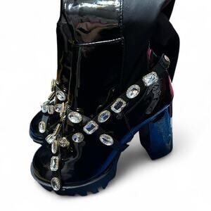 Fashion Nova Pleather Black Chunky Block Heel Over the Knee Boots Rhinestone 6.5